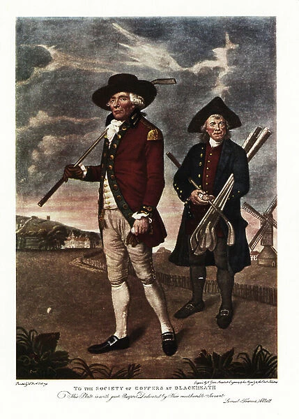 To the Society of Coffers at Blackheath, 1790. Gentleman golfer in military jacket with golf club and caddie or coffer holding ball and clubs at Royal Blackheath Club, established 1745