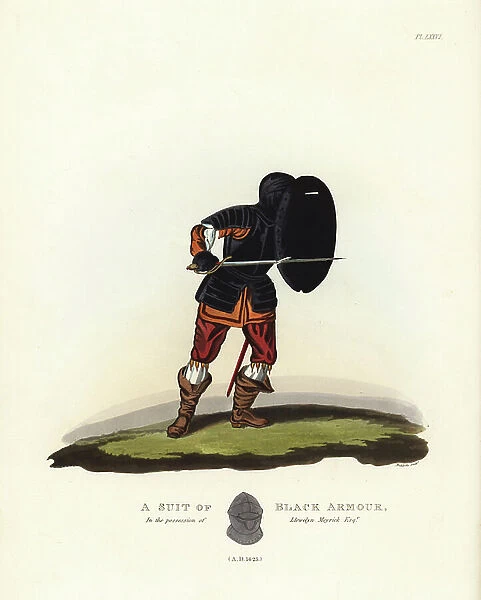 Soldier in black corselet armour with epaulettes holding a rondell or rondache shield with slits for vision and sword thrusts, 1625. In the possession of Llewelyn Meyrick. Handcoloured lithograph by Maddocks after an illustration by S.R