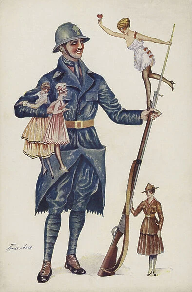 Soldier surrounded by girls (colour litho)