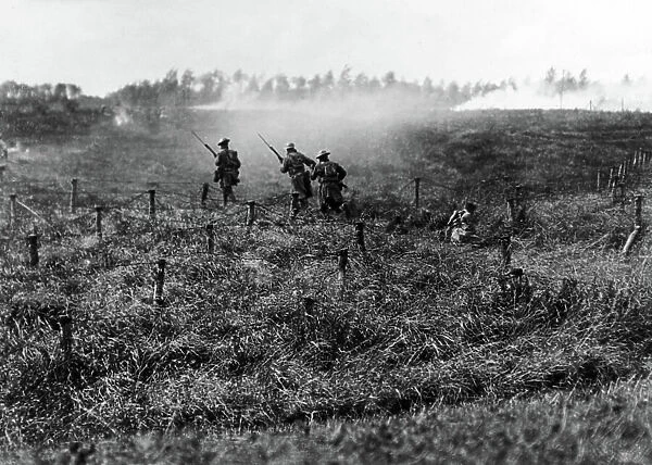 Soldiers of the 107th regiment of English infantry progress through the barbed wires installed in the fields, close to Beauquesnes, in the Sum, during the First World War, September 13, 1918