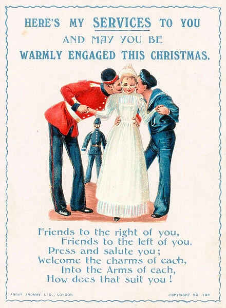 Soldiers kissing girl, Christmas Card (chromolitho)