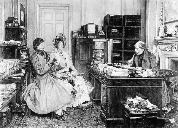 In the Solicitors Office, engraved by James Dobie (b. 1849) (engraving) (b&w photo)