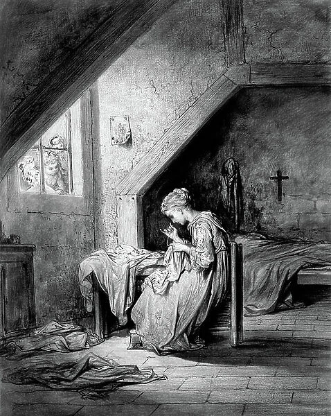 The song of the shirt by Thomas Hood ed. Moxon - A poor couturiere sewing a shirt in a bedroom, a crucifix hangs over the bed. illustration (drawing) by Gustave Dore around 1870 - A sketch of this engraving exists at the Musee d'Art Moderne in