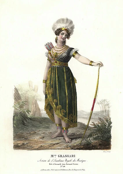 Soprano opera singer Miss Grassari as Amazili in Fernand Cortez by Gaspare Spontini, Royal Academy of Music. Handcoloured lithograph by F. Noel after an illustration by Alexandre-Marie Colin from Portraits d'Acteurs et d'Actrices dans different