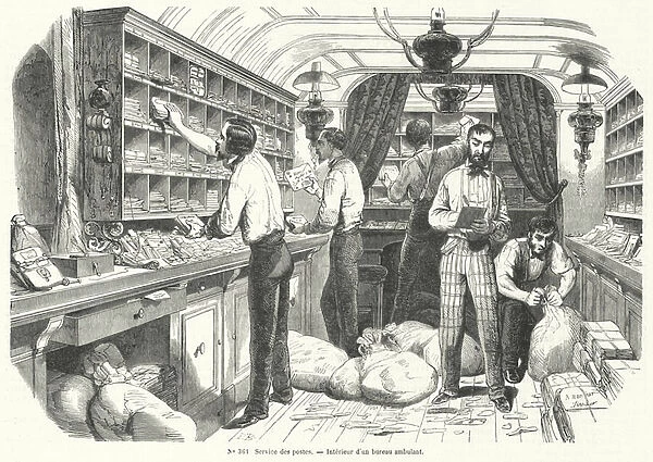Sorting mail in a mobile post office, France (engraving)