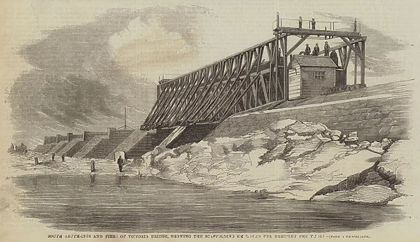 South Abutments and Piers of Victoria Bridge, showing the Scaffolding employed for Erecting the Tubes (engraving)