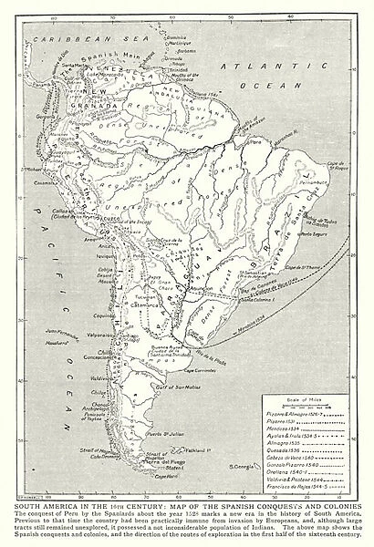 South America in the 16th century, map of the Spanish conquests and colonies (litho)