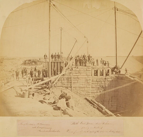 South Gate House of the New Reservoir, Central Park, during construction (albumen print)