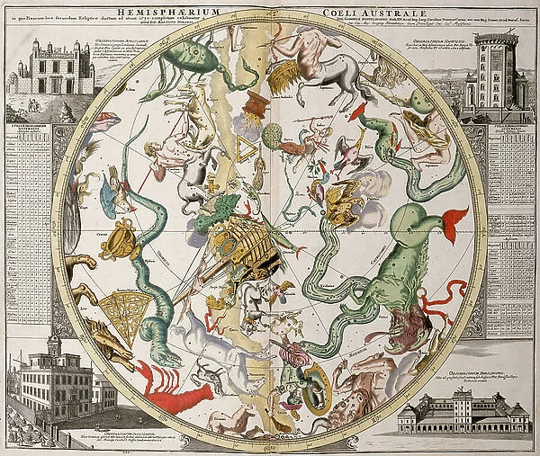 Part of a southern hemisphere star chart from Reiner Ottens's Atlas Maior (1730), with the Greenwich Observatory (left) and the Round Tower observatory in Copenhagen (right), 1730 (engraving)