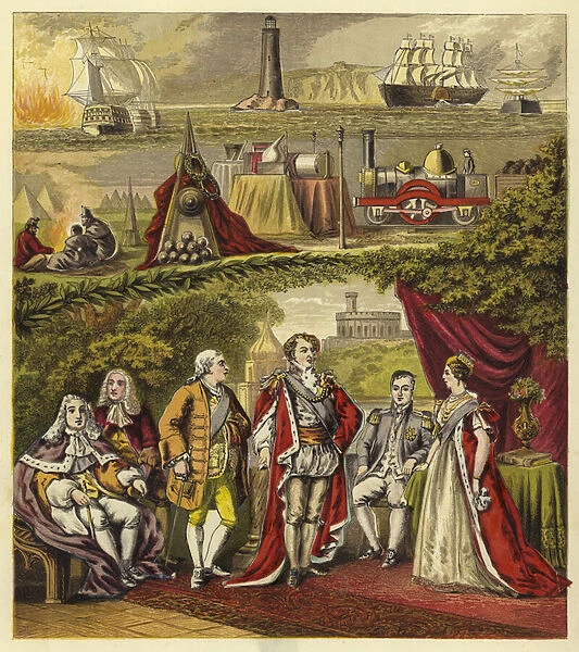 Sovereigns of the House of Hanover; King George I, King George II, King George III, King George IV, King William IV, Queen Victoria (chromolitho)