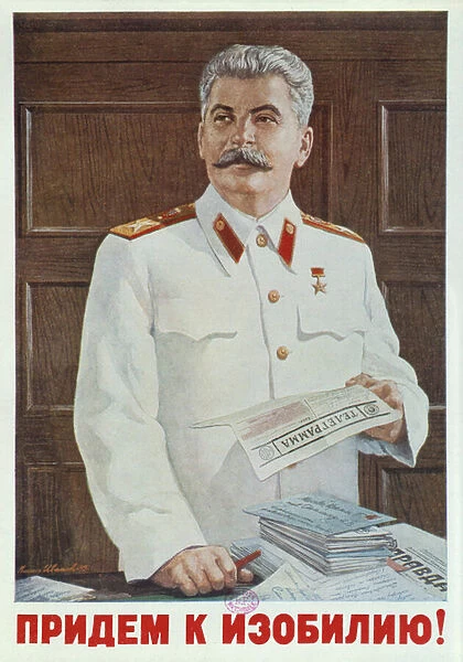 Soviet poster of Stalin reading a telegram, 1949 (colour litho)