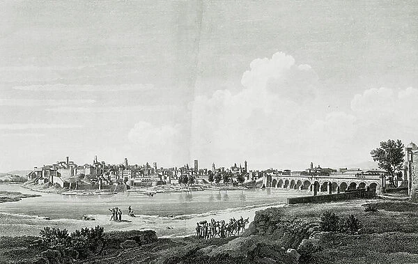 Spain (1806). Badajoz. General view of the town. Drawing from Georges Malbeste's book ' Picturesque and historical voyage of Spain'. Illustrations by Charles Percier and Marie Alexandre Duparc. Printed in Paris in 1806. Engraving. SPAIN