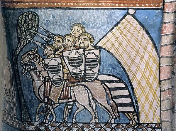 SPAIN. CASTILE AND LEON. Valladolid. Monastery of San Bernardo de Valbuena. Group of Christian soldiers riding horses. Castilian school. 14th century. Fresco painting on ' La Reconquista'. Gothic Art