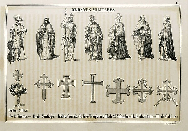 Spain. Military orders. From left to right: ' Orden de la Encina' (Order of the Oak), Order of Santiago, Order of the Crusade, Knights Templar, Order of San Salvador, Order of Alcantara and Order of Calatrava