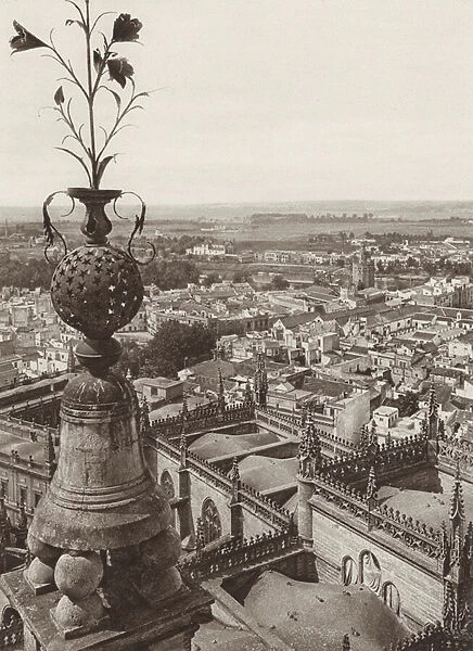 Spain: Sevilla, General View of the Town from the Giralda Tower of the Cathedral (b  /  w photo)