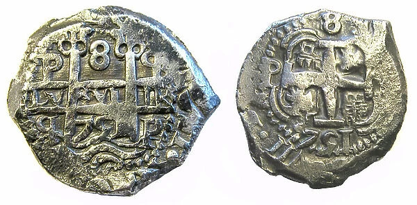 Spanish 8 Reale silver piece minted at Potosi Bolivia in 1751