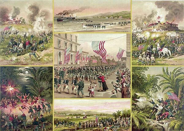 Spanish-Cuban-American War 1898: US troops answering their country's call (centre) surrounded by vignettes of various episodes, including the fall of Spanish-held El Caney near Santiago de Cuba on 1 July. Print c1899