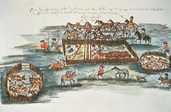 Spanish fort built for Defence against the Mocovi Indians, illustration from Hacia alla y para aca (w  /  c on paper) (facsimile copy)