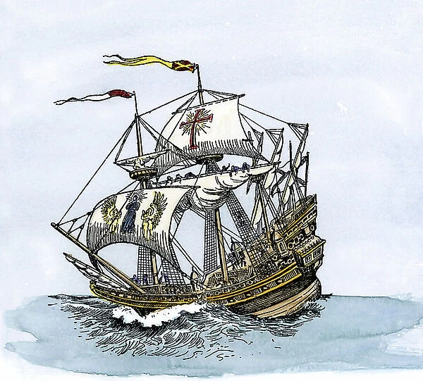 Spanish galleon: caravel three times longer than wide of the 16th-17th century. Colour engraving of the 19th century