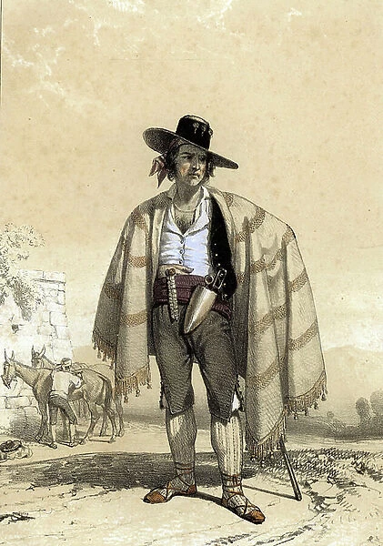 Spanish gipsy muleteer in the Pyrenees wearing a wide brimmed hat and a blanket slung across his shoulders, c.1840 (engraving)