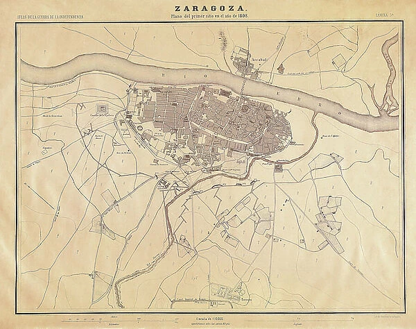 Spanish War of Independence (1808-1814).Map of the first siege of Zaragoza (June 1808), in 'Atlas of the Guerra de Independencia' (1868) (engraving)