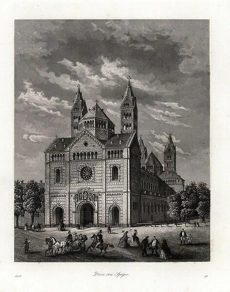 Speyer Cathedral (Cathedral of Spire, Germany) mid 19th century. Handcoloured lithograph from Carl Hoffmann's Book of the World, Stuttgart, 1857