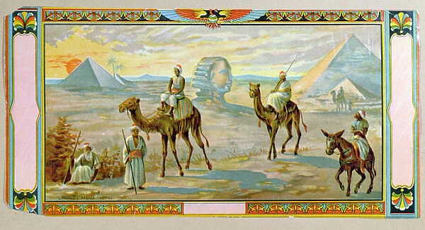 The Sphinx and the Pyramids, label from a fez box, c. 1910 (colour litho)