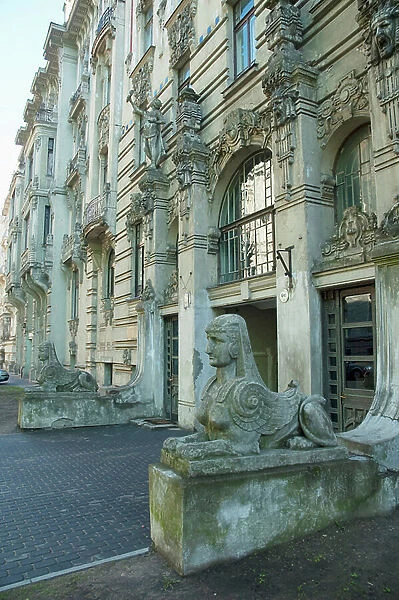 Sphinxes in Front of the Art Nouveau Building Designed by Mikhail Eisenstein on 2A Alberta Street, Riga, Latvia (photo)