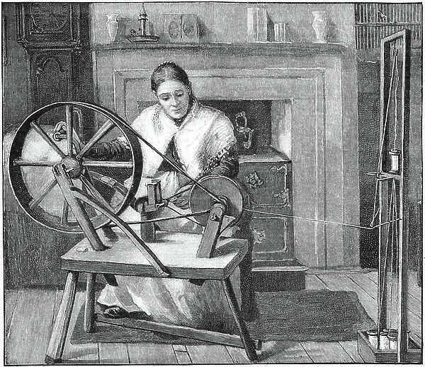 Spitalfields silk worker winding silk in her cottage, London, England, late 19th century. This enclave of the silk industry was founded by Huguenot refugees from France after Louis XIV's Revocation of the Edict of Nantes (1685). Engraving, 1893