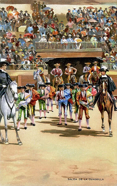 Sport. Bullfighting. The Cuadrilla (team of a matador and his banderilleros and picadors). Illustration, Germany, c.1910-20