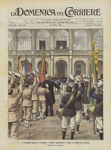 The sports conference in the Vatican, gymnasts applaud the Pope in the courtyard ofs Damaso (colour litho)
