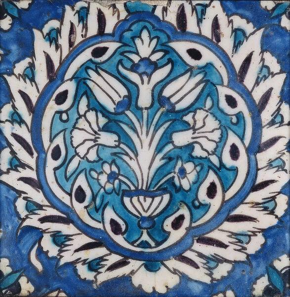 Square tile with a vase of flowers in a medallion (earthenware)