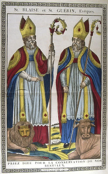 St. Blaise (Blasius), bishop of Sebastea, Capodocia, martyred c.316, and St Guerin. 19th century (french woodcut)