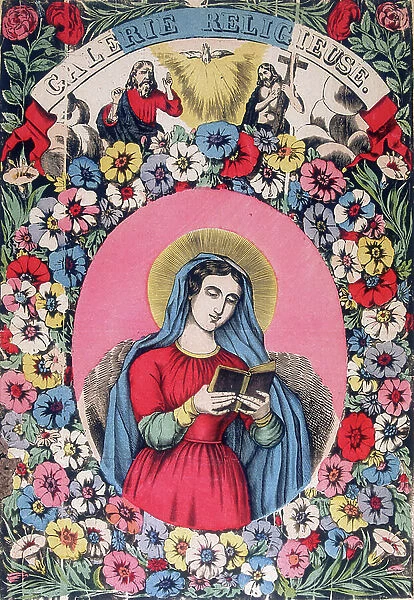 St Bridget (Brigitta, Brigitta, Birgite) 1302-1373, daughter of Birger, prince of Sweden, wrote Revelations, translated into various languages, The Trinity of God the Father, Son and Holy Ghost appear above the saint. 19th century (french woodcut)