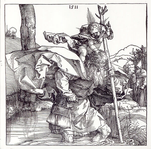 St. Christopher carrying the Infant Christ, 1511 (woodcut) (b  /  w photo)