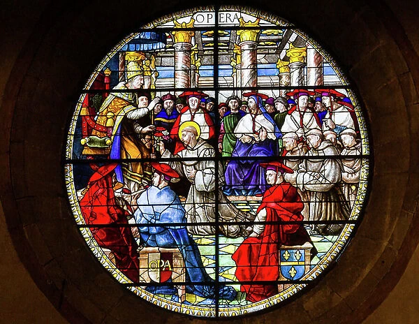 St. Francis presents the Rule to Pope Innocent III (stained glass)