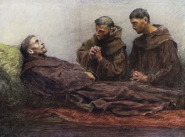 St Francis Sick in the Bishop's Palace at Assisi (colour litho)