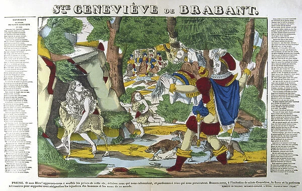 St. Genevieve of Brabant, 8th century, wife of palatine Siegfried, accused of adultery, exposed in forest, but 5 years later recognized by husband out hunting and innocence acknowledged. 19th century (french woodcut)