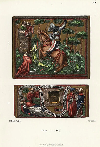 St. George on horseback slaying the dragon, 14th century, 1889 (chromolithograph)