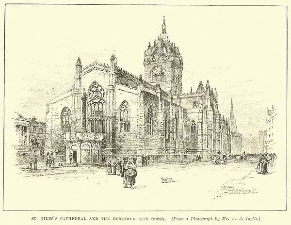 St Giless Cathedral and the restored City Cross (engraving)