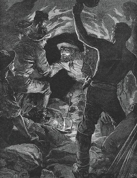 St Gothard railway tunnel: Workmen from the Swiss and Italian sides of the tunnel meeting on Sunday morning, 27 February 1880. Wood engraving, London, March 1880