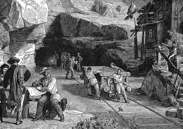 St Gothard Tunnel linking Italy and Switzerland by rail. View of Swiss end of tunnel during construction showing workmen man-handling wagons used to remove debris. First works train passed through tunnel on 2 March 1880