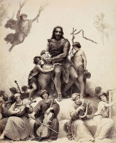 St. John the Baptist sits, surrounded by musician angels, and caresses a lamb on its head. Illustration of Canto XXXII in Paradiso of The Divine Comedy by Dante Alighieri. Work of Francesco Scaramuzza dedicated to the Municipality of Florence