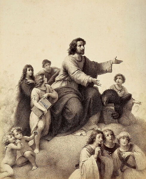 St. John the Evangelist with outstretched arms is surrounded by youth and angels; at his feet an eagle has in its talons the Gospel; a youth, to the right of the saint, holds the book of the Apocalypse (The Book of Revelation)
