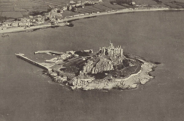 St Michael's Mount, Aerial View (b / w photo)