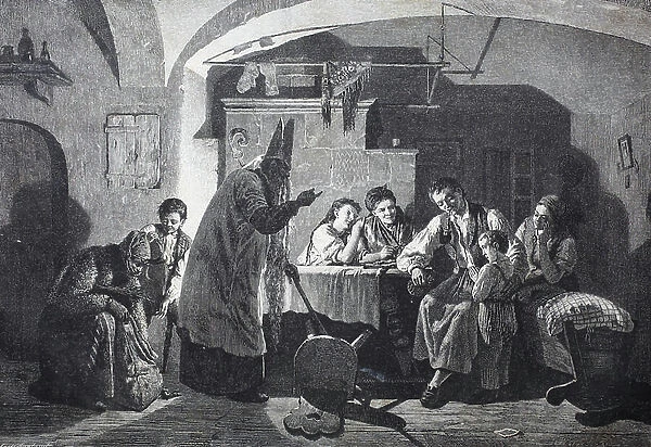 St. Nicholas visits the family and asks the child if he is well and he can give him nuts, 1888