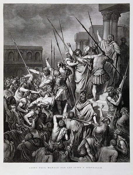 St Paul attacked by the Jews of Jerusalem, Illustration from the Dore Bible, 1866