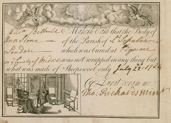 Statement that Ann Slone was buried in sheeps wool, 1784 (engraving)