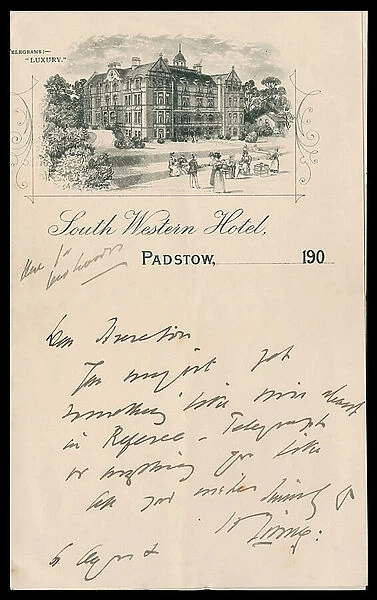 Stationery from the South Western Hotel, Padstow, 1900s (engraving)