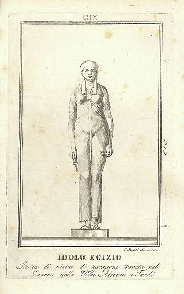 Statue of an Egyptian idol in diaphanous dress holding an ankh and lotus. Found in the Canopus of Hadrian's Villa at Tivoli. Copperplate engraving by G. Bossi after an illustration by G